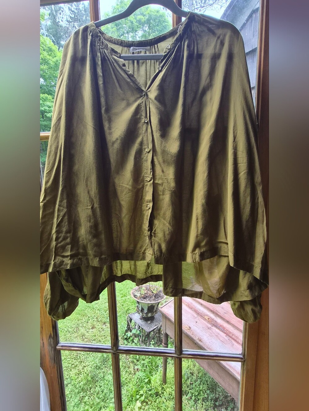 DÔEN Olive Green Gauze Cotton Blouse Sheer Peasant Top XXL